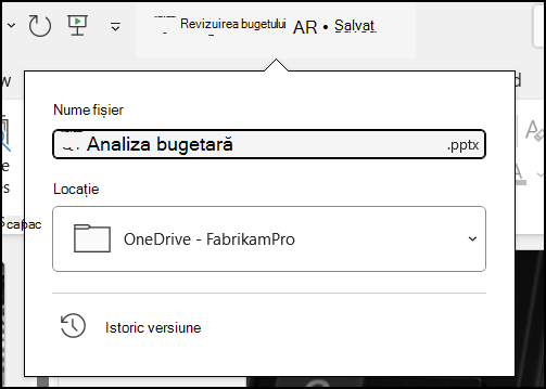 Meniul vertical din titlul documentului în Word pentru Office 365