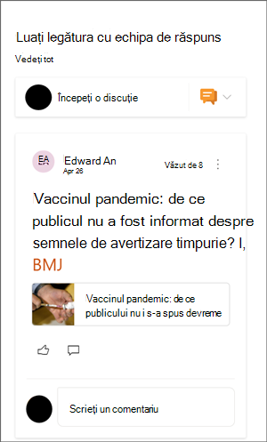 Imagine cu partea web Yammer cu un exemplu de conversație.
