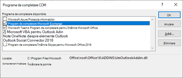 Fereastra programului de completare Outlook coms este deschisă.