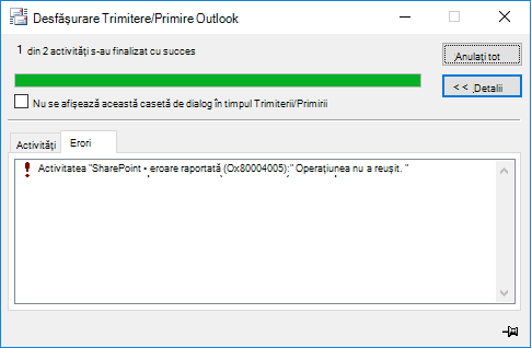 Eroare la conectarea la o bibliotecă de documente SharePoint