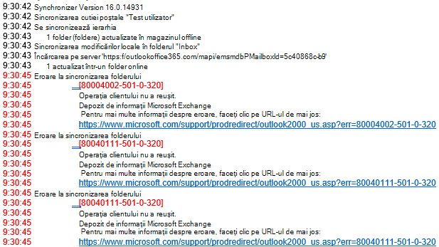 Lista de erori din jurnalul Outlook
