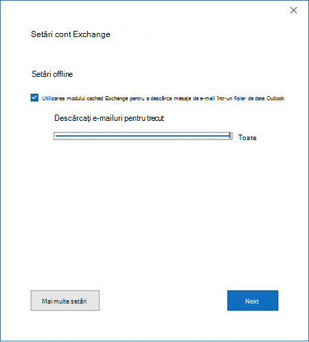 Fereastra Setări cont Exchange cu cursorul de sincronizare Mod cached, Descărcare e-mail pentru trecut setat la Toate