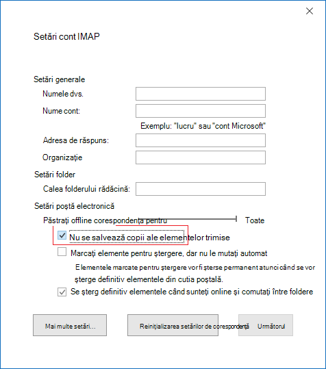 Setări cont IMAP, Nu se salvează copii ale elementelor trimise