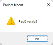 Captură de ecran cu eroarea Parolă nevalidă
