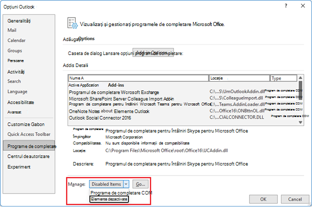 Captură de ecran a ferestrei de opțiuni Outlook
