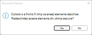 Eroare Outlook în ultima sesiune