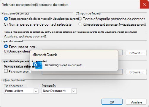 Îmbinarea corespondenței Outlook se blochează la fereastra de inițializare