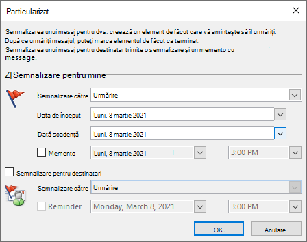 Fereastra de configurare a semnalizatorului particularizat Outlook
