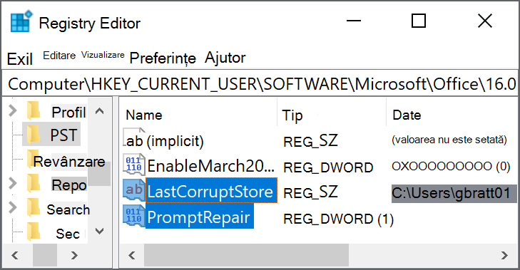 Setări de registry pentru ștergere LastCorruptStore PromptRepair=dword:00000001