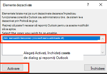 Captură de ecran a casetei de dialog pentru activarea elementelor dezactivate.