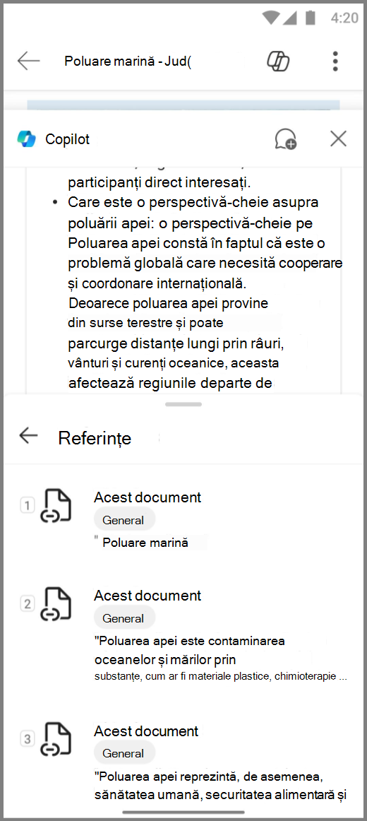 Captură de ecran cu Copilot în Word pe un dispozitiv Android, cu referințe pentru răspunsul lui Copilots