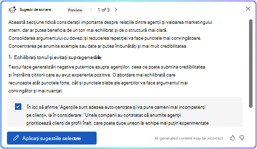 Opțiunea Aplicați sugestiile selectate în Copilot în Word