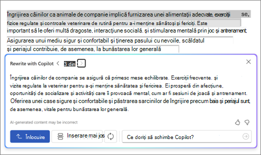 Captură de ecran cu Copilot în Word, cu sugestii și opțiuni de rescriere a textului