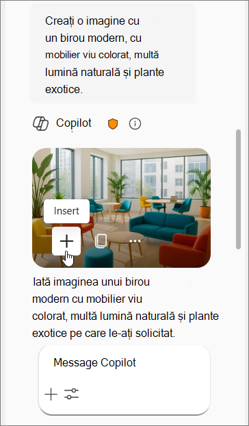Afișează o solicitare Copilot pentru o imagine cu un birou modern, cu mobilier colorat, lumină naturală și plante exotice, urmată de patru imagini.