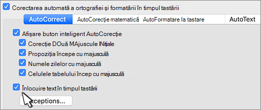 Caseta de selectare Înlocuire text în timpul tastării din Word pentru Mac.