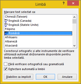 Caseta de dialog Limbă