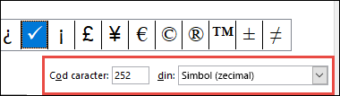 Câmpul De la vă spune că acesta este un simbol ASCII