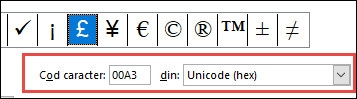 Câmpul De la vă spune că acesta este un simbol Unicode