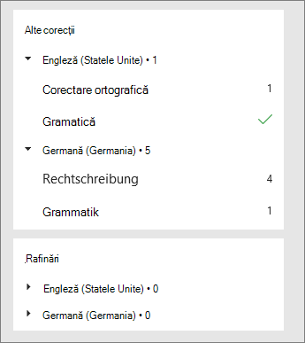 Corecțiile și rafinările sunt listate pentru fiecare limbă în panoul Editor.