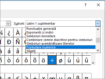 Selectați Forme numerice în caseta de dialog Subset pentru a afișa fracții și alte simboluri matematice