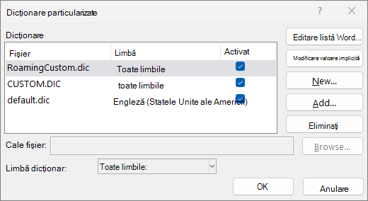 Caseta de dialog Dicționar particularizat