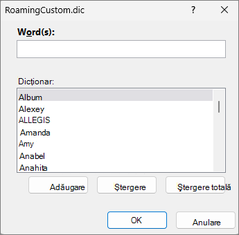 Dialogul de editare a dicționarului