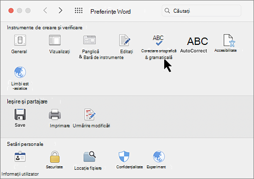 Caseta de dialog Preferințe Mac cu opțiunea Corectare ortografică selectată