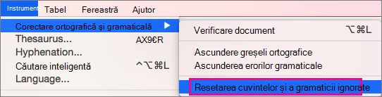 Pentru a goli listele de cuvinte și greșeli gramaticale ignorate de Word, faceți clic pe Reinițializare cuvinte și gramatică ignorate.