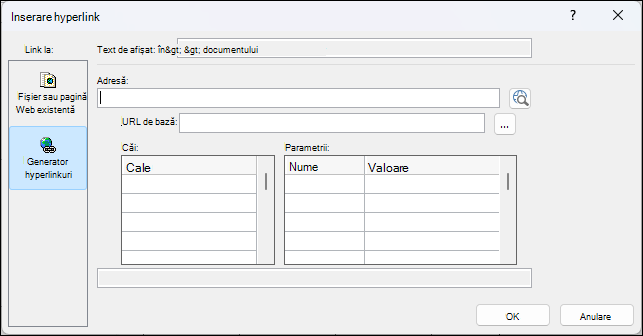 Caseta de dialog Inserare hyperlink din Access