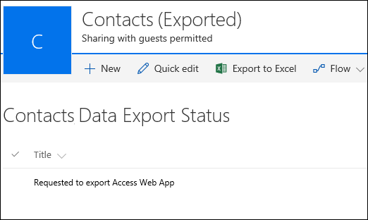 Listă SharePoint cu înregistrarea intitulată Solicitat pentru a exporta Access Web App