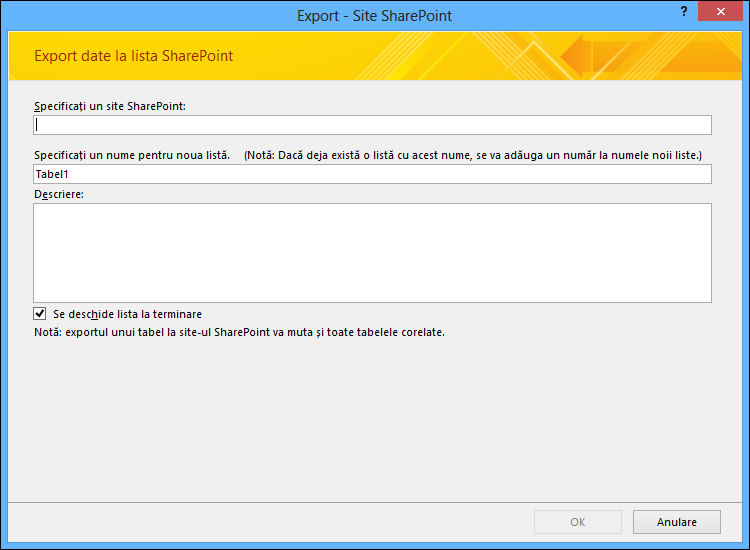 Specificați un site SharePoint pentru a exporta tabelul sau interogarea din Access.
