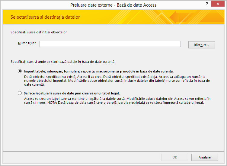 Captură de ecran cu expertul de import Preluare date externe - Bază de date Access.