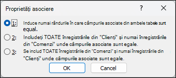 Caseta de dialog Proprietăți asociere din Access, afișată cu trei opțiuni de unire. este selectată prima opțiune care spune să includeți doar rândurile în care câmpurile asociate din ambele tabele sunt egale.