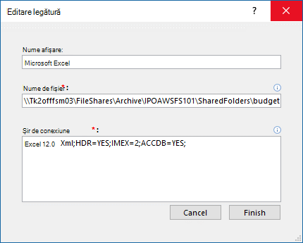 Caseta de dialog Editare link pentru o sursă de date Excel