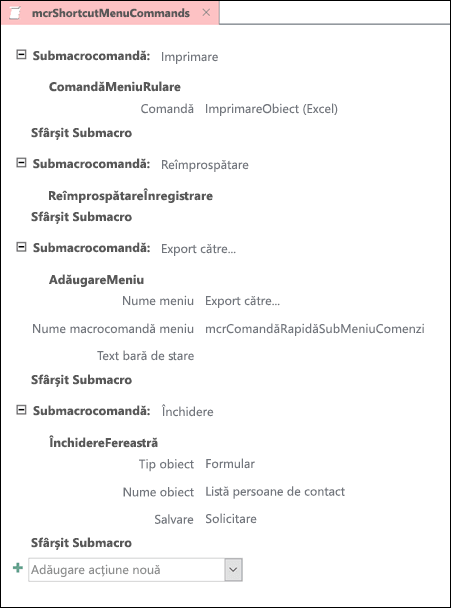 Captură de ecran a unei macrocomenzi Access cu patru submacrocome