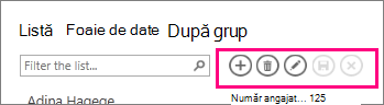 Bară de acțiune în vizualizarea Listă