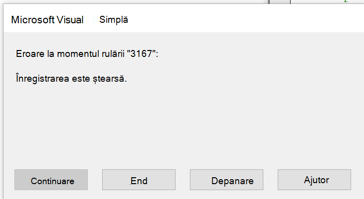 Eroare care indică faptul că înregistrarea este ștearsă.