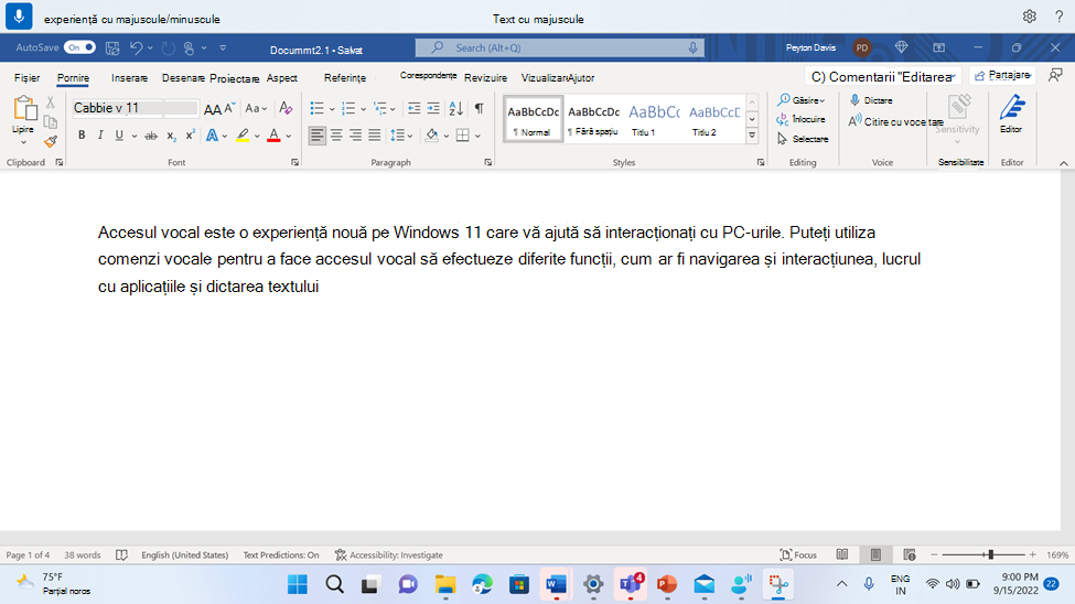 Document Word afișând comanda de acces vocal cu majuscule.