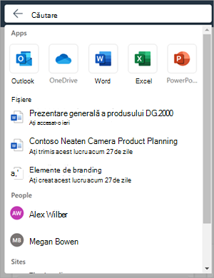 Caseta de căutare Microsoft 365 cu lista verticală extinsă atunci când focalizarea este pe caseta de căutare.