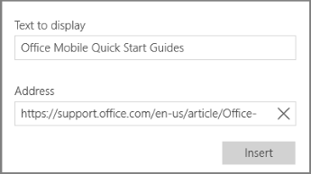 Captură de ecran a casetei de dialog pentru adăugarea unui link de hipertext în OneNote pentru Windows 10.