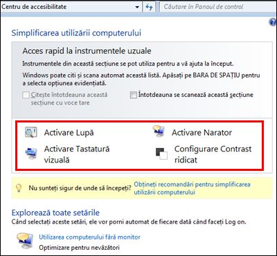 Caseta de dialog Centru de accesibilitate Windows, în care puteți alege tehnologiile de asistare