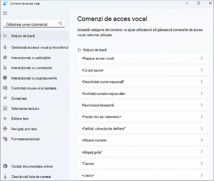 Pagina principală de ajutor pentru comenzi de acces vocal.