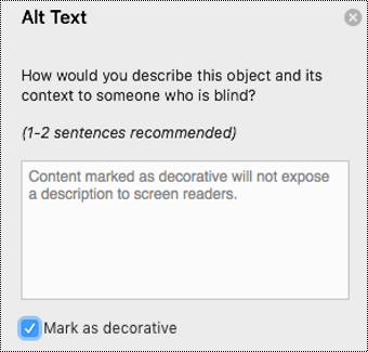 Caseta de selectare Marcați ca decorativ bifată în panoul Text alternativ din Word pentru Mac.
