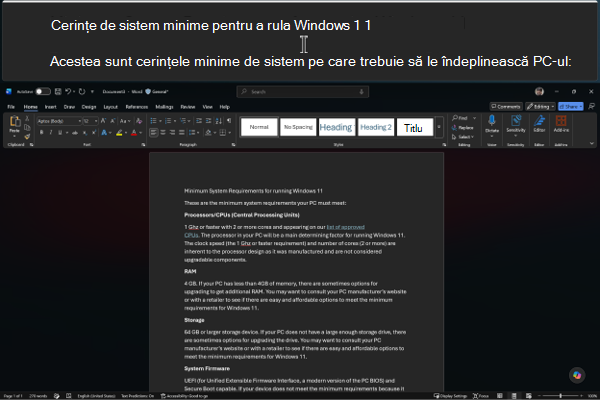 Captură de ecran care afișează vizualizarea andocată: o bandă mărită este fixată la marginea de sus a ecranului care afișează text mărit, în timp ce aplicația de mai jos rămâne la o dimensiune normală.