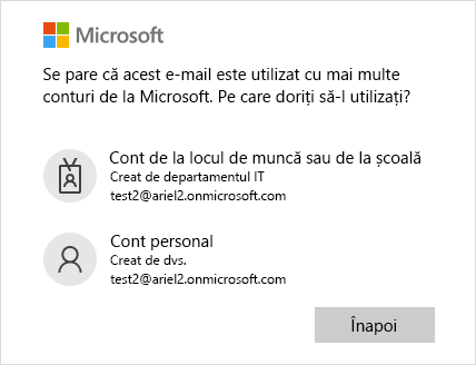 Ecran de conectare cu două adrese de e-mail
