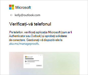 Captură de ecran afișând solicitarea de conectare cu text care spune verificați aplicația Outlook