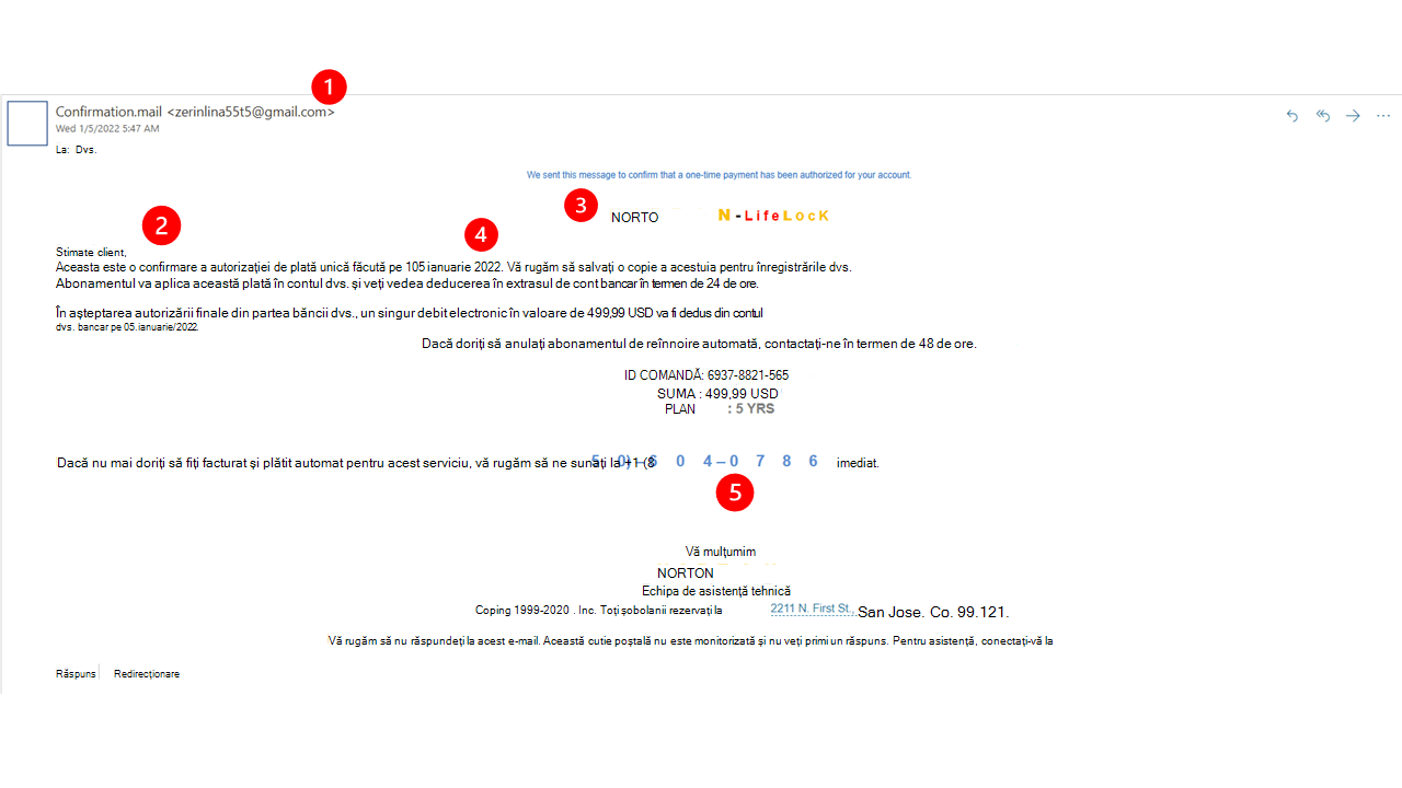 Un exemplu de e-mail de înșelătorie care pretinde că este de la Norton.