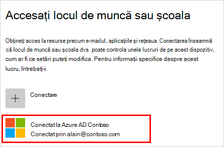 Captură de ecran care afișează fereastra Access de la locul de muncă sau de la școală cu contul Azure AD conectat la (organizația dvs.) selectat
