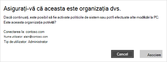 Asigurați-vă că Acesta este ecranul de verificare a organizației dvs.