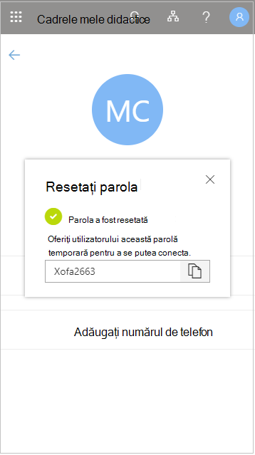 Copierea parolei temporare de utilizator după o resetare în Personalul meu